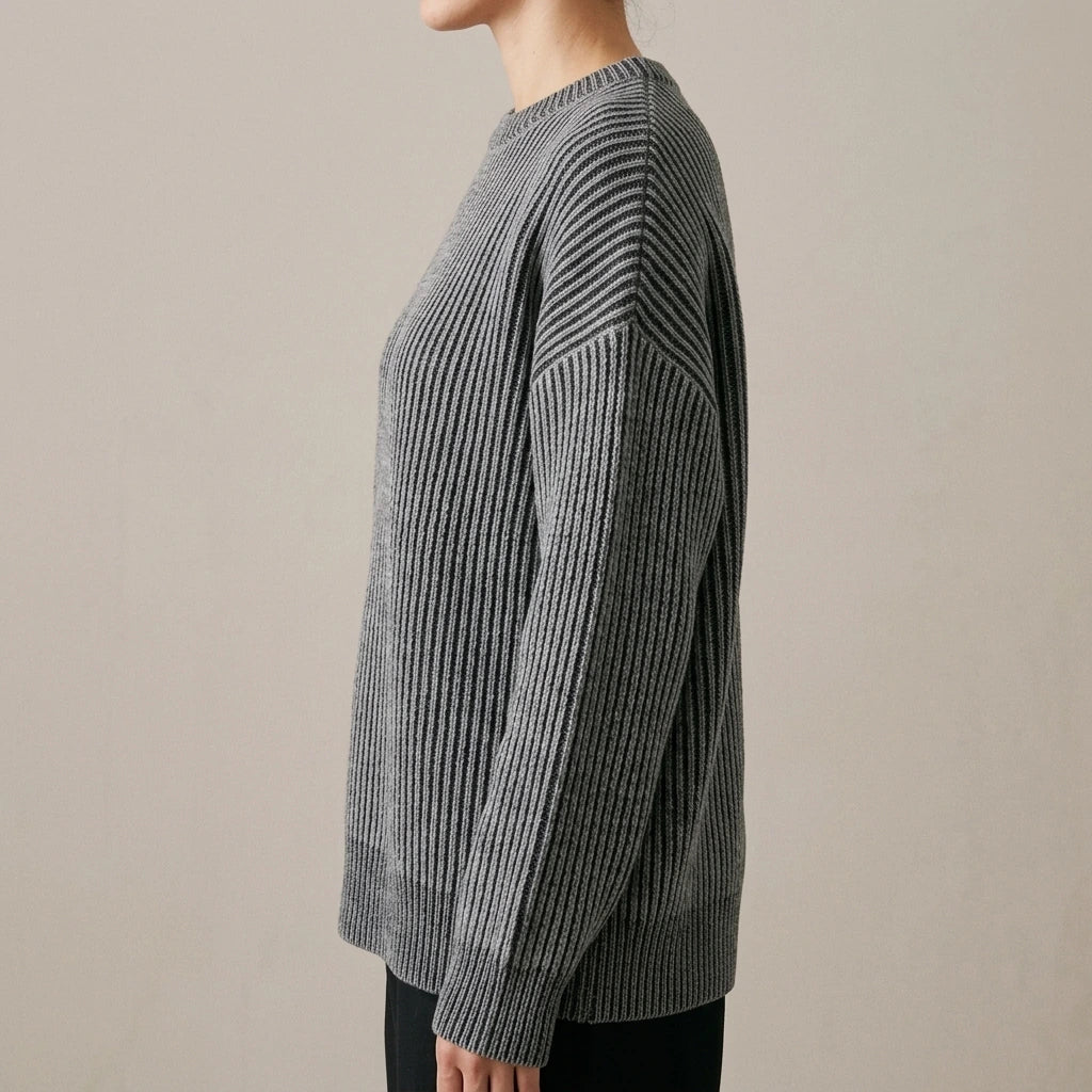 Simple Solid Color Distressed Chunky Knit Crewneck Loose Pullover Sweater — variant_front