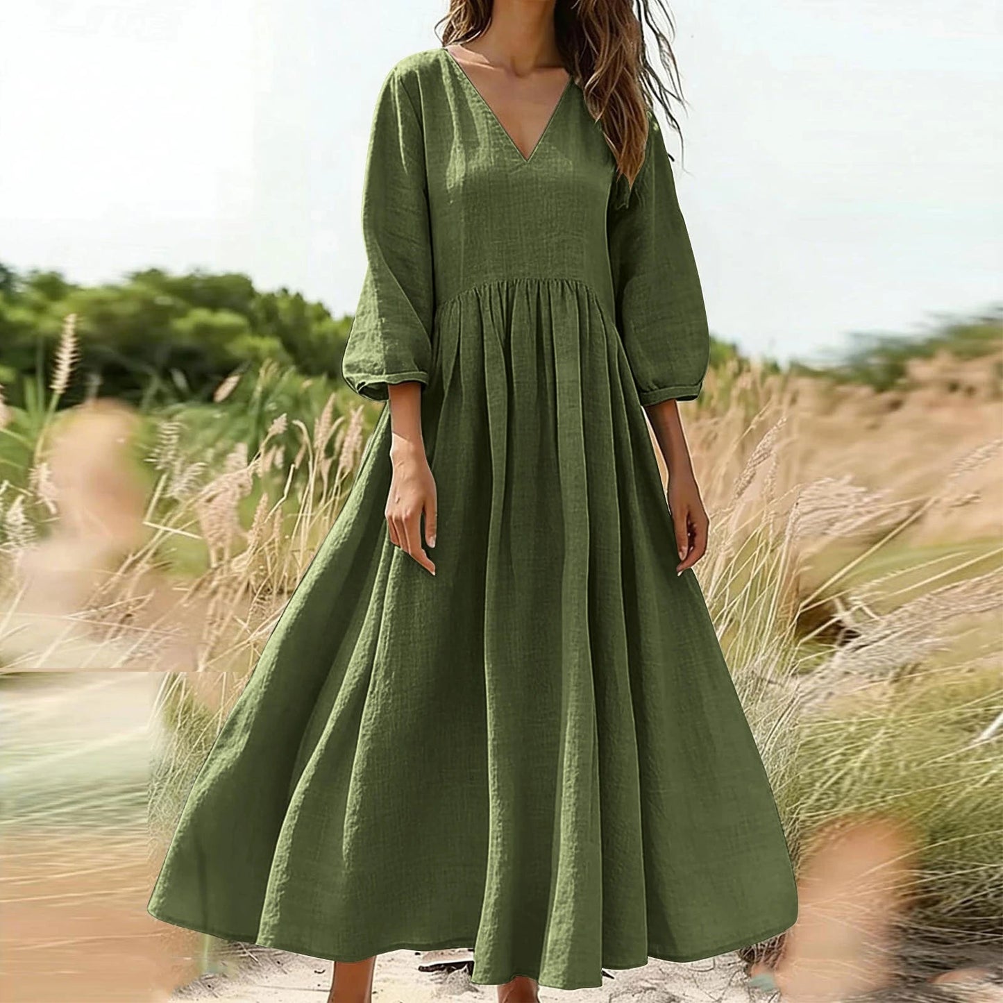 Black V-Neck Long Pleated Dress, Cotton Linen Loose Fit, Three-Quarter Sleeve, Casual Spring — variant_front