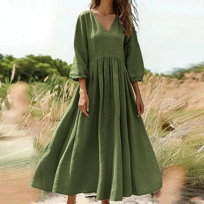 Black V-Neck Long Pleated Dress, Cotton Linen Loose Fit, Three-Quarter Sleeve, Casual Spring — variant_front