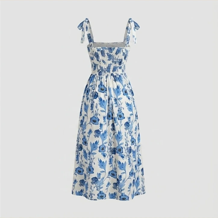 【Elegant Romance】Floral Corset Dress with Knotted Straps & Smocked Bodice, Bodycon Party Guest Dress for Wedding, Date Night — product_only_back