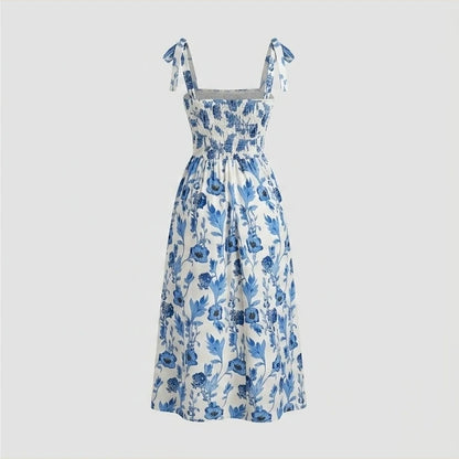 【Elegant Romance】Floral Corset Dress with Knotted Straps & Smocked Bodice, Bodycon Party Guest Dress for Wedding, Date Night — product_only_back