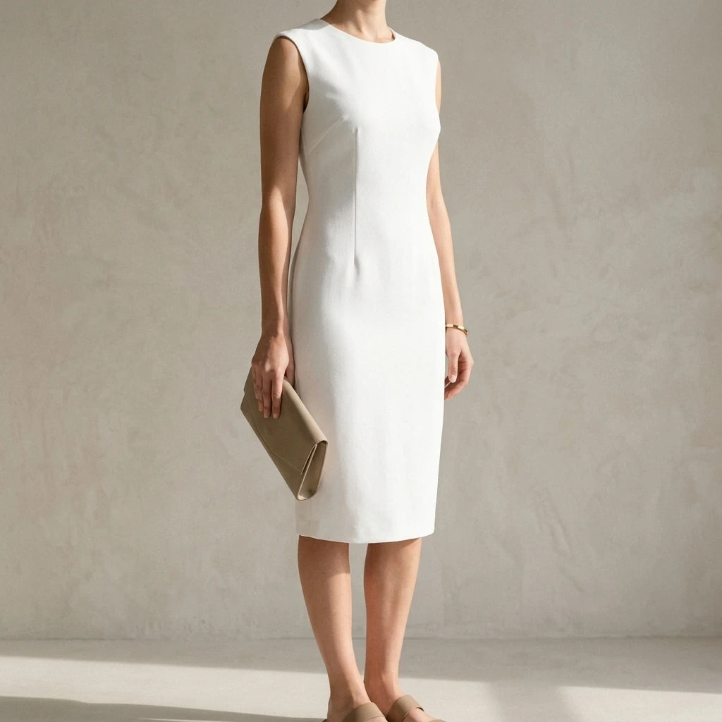White Slim Fit Midi Dress, Sleeveless Round Neck, Solid Polyester, Effortless Summer Style — lifestyle