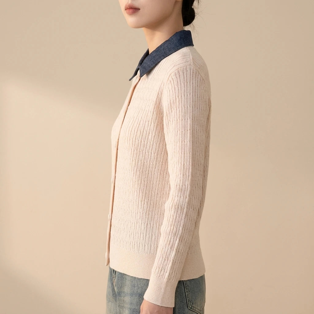 Chunky Knit Color-block Polo Neck Sweater for WomenLoose Fit Slimming Design Autumn/Winter Outwear — lifestyle