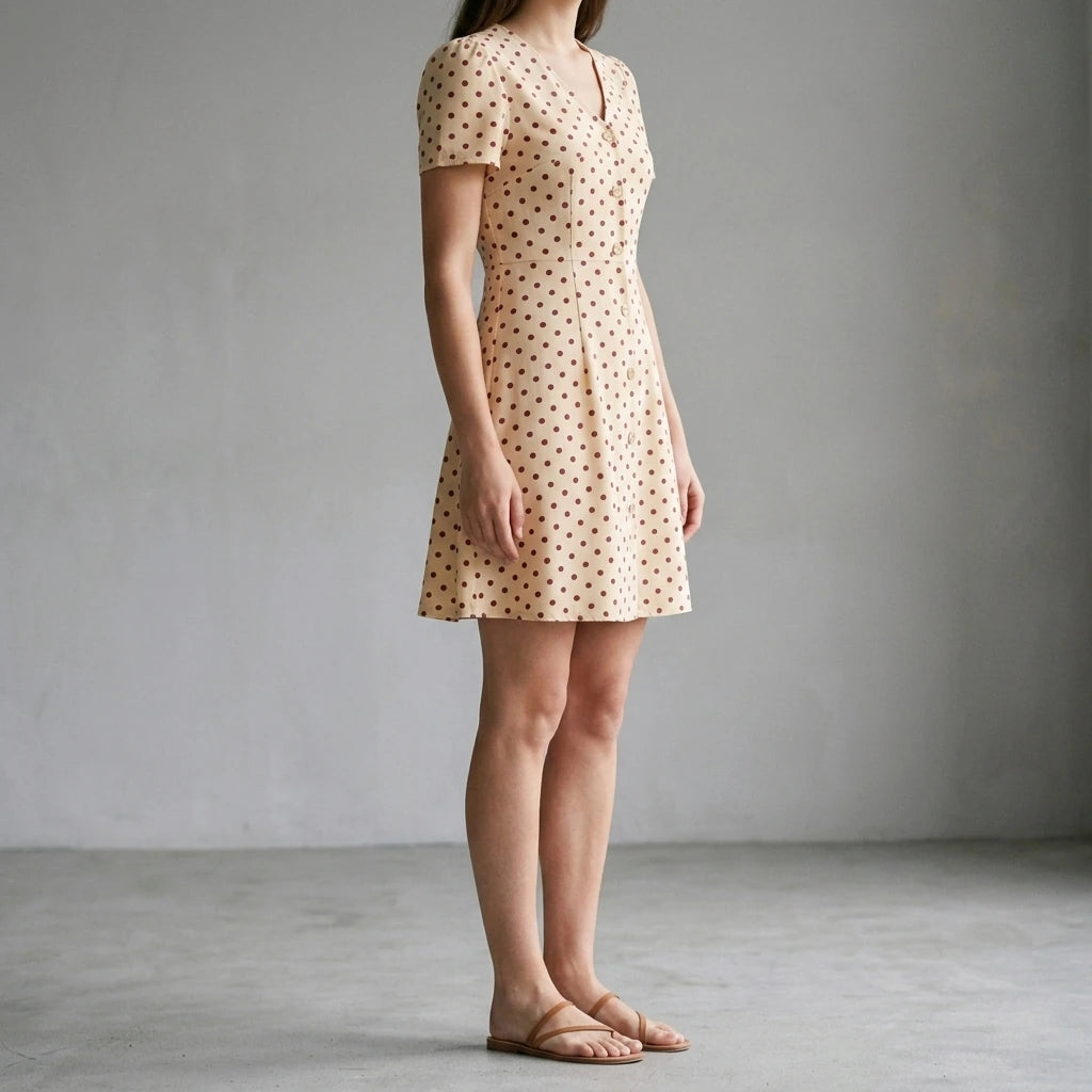 Chic Polka Dot Mini Dress for Women, V Neck, A-Line, Natural Waist, Short Sleeve, Casual Summer Party, Beige Polyester — lifestyle