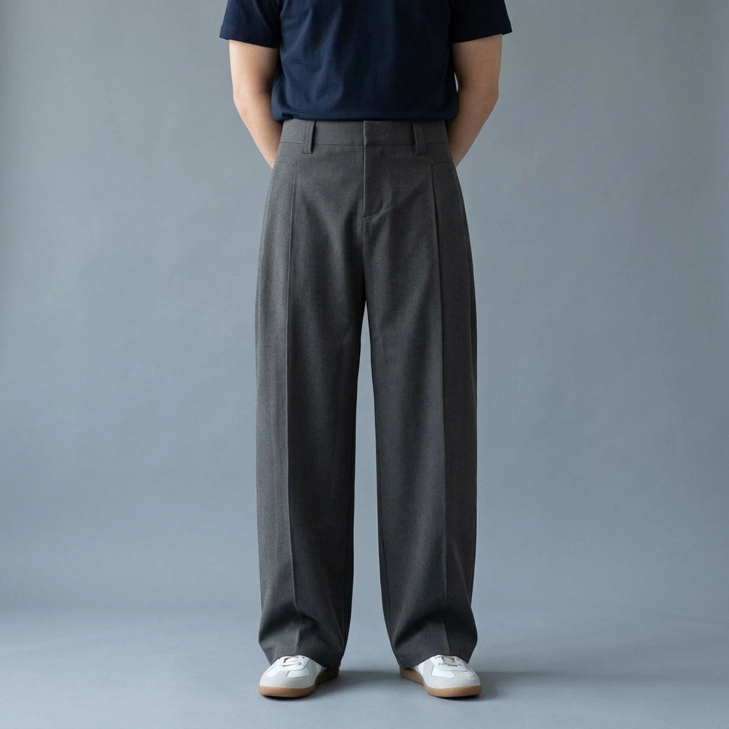 Tailored Folded Drape Scythe Casual Dress Pants Heavyweight Trousers — lifestyle