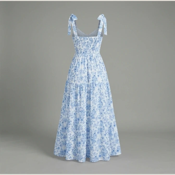 French Elegant Floral Print Long Dress Pleated Flounce V-Neck Sleeveless Ruffled Summer New Light Blue Gown for Ladies — product_only_back