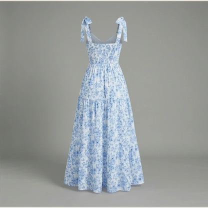 French Elegant Floral Print Long Dress Pleated Flounce V-Neck Sleeveless Ruffled Summer New Light Blue Gown for Ladies — product_only_back