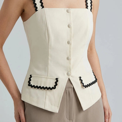 Beige Contrasting Pocket Cami Top Women's Sleeveless Square Neck Hip-Length Button Detail Office Workwear Summer Spring Polyester Spandex — gallery_05.webp