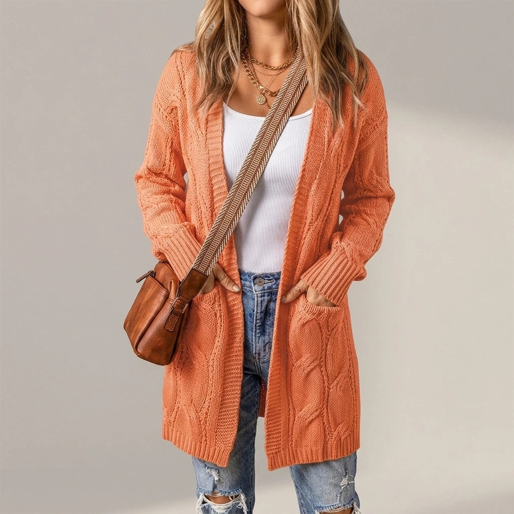 Ribbed Trim Eyelet Cable Knit Cardigan — lifestyle