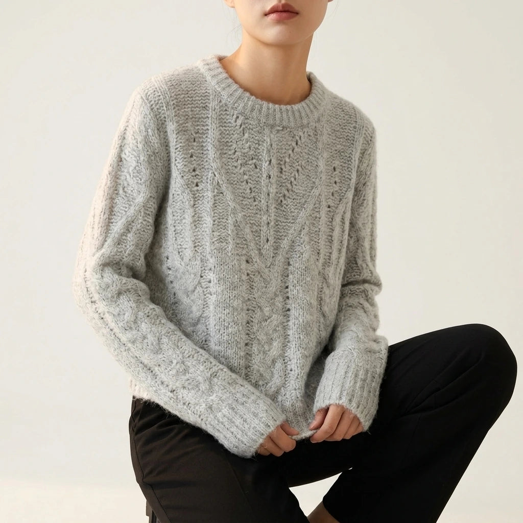 Sweater Women Soft Chunky Cable Knit Hollow Out Round Neck Sweet Candy Color Pullover sweater — variant_front