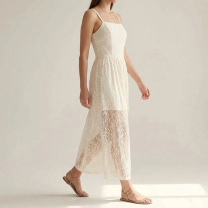 Formal Apricot Floral Maxi Slip Dress for Women, Sleeveless Sheath, Elastic Waist, Square Neck, Special Occasion, Knit Polyester, Spring Summer — lifestyle