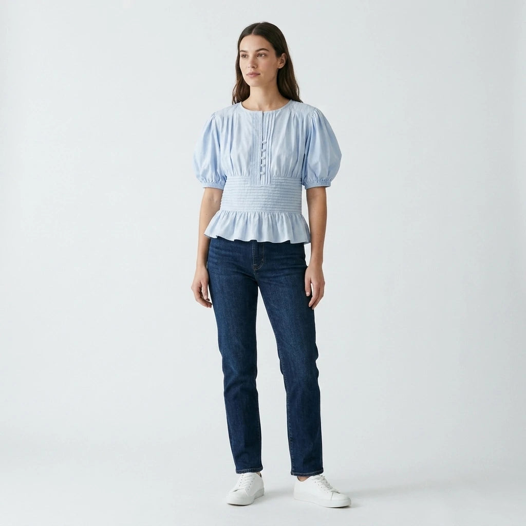 MUJER Blue Ruffle Blouses for Women Puff Sleeve Woman Blouses and Tops Summer Casual Crop Top Woman Fashion Woman Blouse 2026 — lifestyle