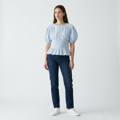 MUJER Blue Ruffle Blouses for Women Puff Sleeve Woman Blouses and Tops Summer Casual Crop Top Woman Fashion Woman Blouse 2026 — lifestyle