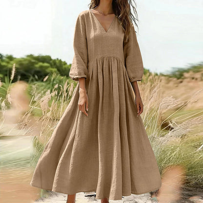 Black V-Neck Long Pleated Dress, Cotton Linen Loose Fit, Three-Quarter Sleeve, Casual Spring — variant_front