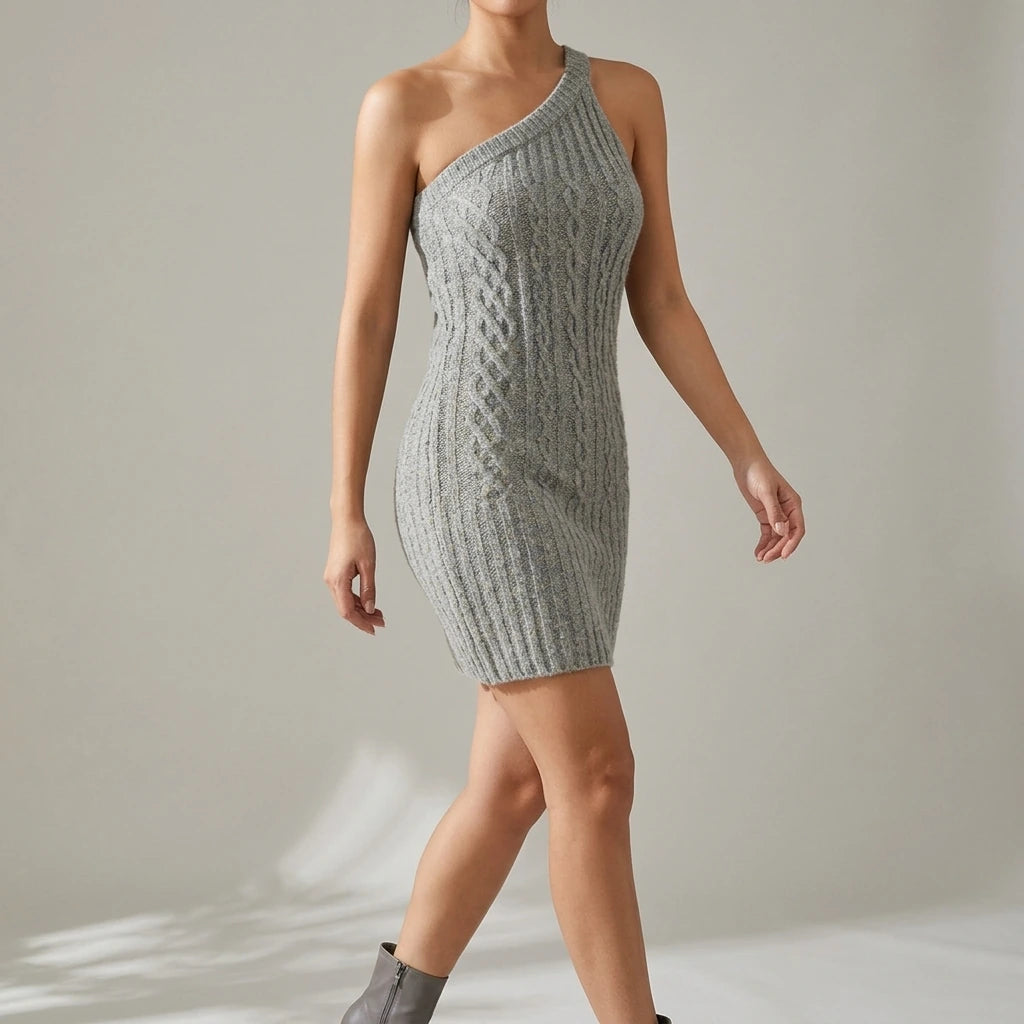 One shoulder sweater slimming dress — lifestyle
