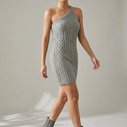 One shoulder sweater slimming dress — lifestyle