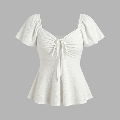 2026 Women Y2k Summer Tops V-Neck Drawstring Sexy Lace Up Short Sleeve Solid Color Shirts Female Elegant Casual Fashion Blouses — variant_front