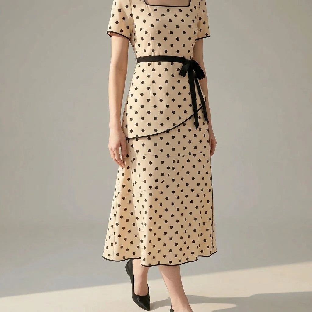 Casual A-Line Two Piece Skirt Set for Women, Polka Dot, Elastic Waist, Daily Wear, Short Sleeve, Spring Summer, Apricot, Polyester — lifestyle