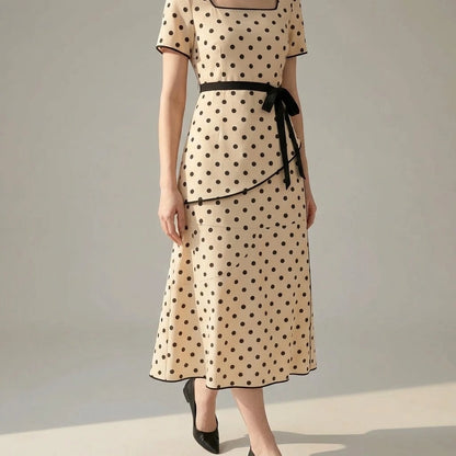 Casual A-Line Two Piece Skirt Set for Women, Polka Dot, Elastic Waist, Daily Wear, Short Sleeve, Spring Summer, Apricot, Polyester — lifestyle
