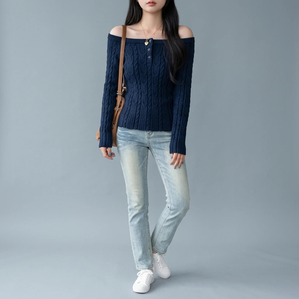 Chunky Knit Off-Shoulder Grey Sweater Top for Women, Long Sleeve, Short Length — variant_front