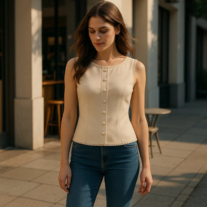 Natural lifestyle image of a model wearing Apricot Boat Neck Sleeveless Vest Top Polyester Workwear Summer