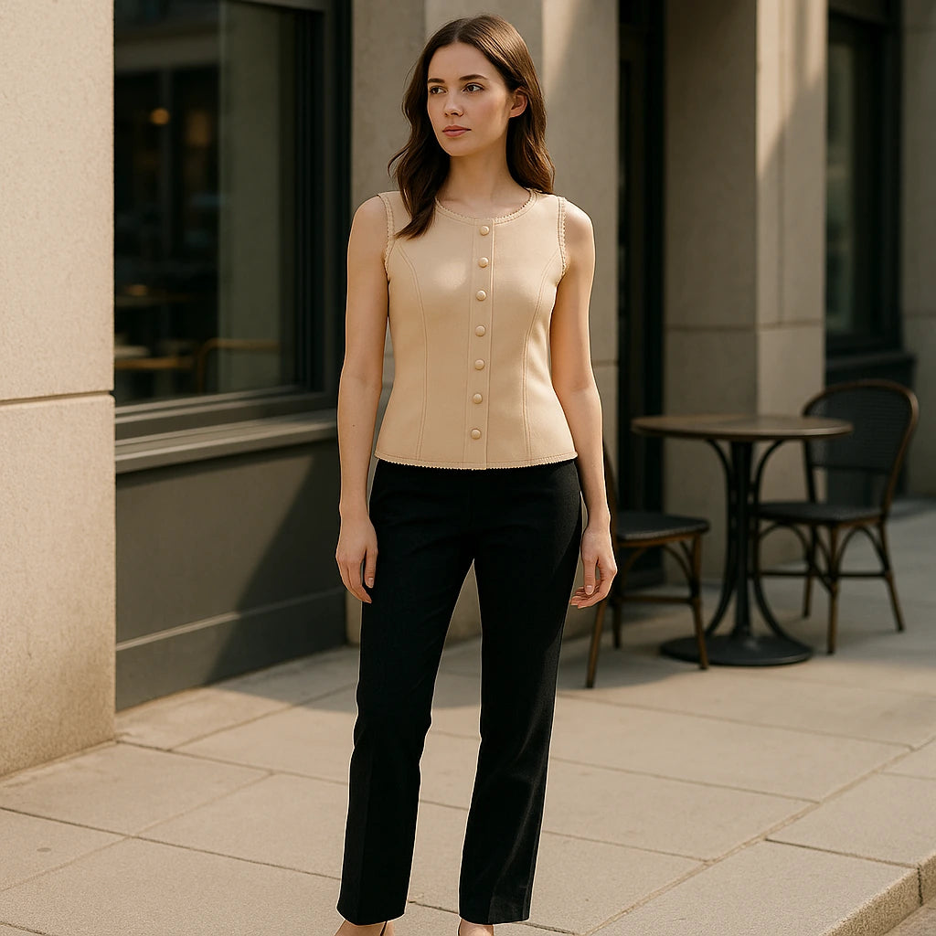 Second natural lifestyle image of a model wearing Apricot Boat Neck Sleeveless Vest Top Polyester Workwear Summer