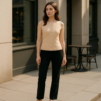 Second natural lifestyle image of a model wearing Apricot Boat Neck Sleeveless Vest Top Polyester Workwear Summer