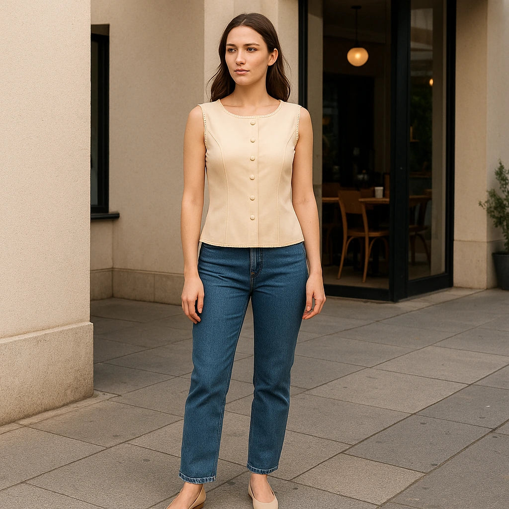 Third natural lifestyle image of a model wearing Apricot Boat Neck Sleeveless Vest Top Polyester Workwear Summer