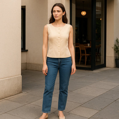 Third natural lifestyle image of a model wearing Apricot Boat Neck Sleeveless Vest Top Polyester Workwear Summer