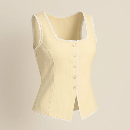 Isolated product image of Apricot Boat Neck Sleeveless Vest Top Polyester Workwear Summer, three-quarter angle view
