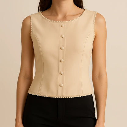 Model wearing Apricot Boat Neck Sleeveless Vest Top Polyester Workwear Summer with close focus on the product