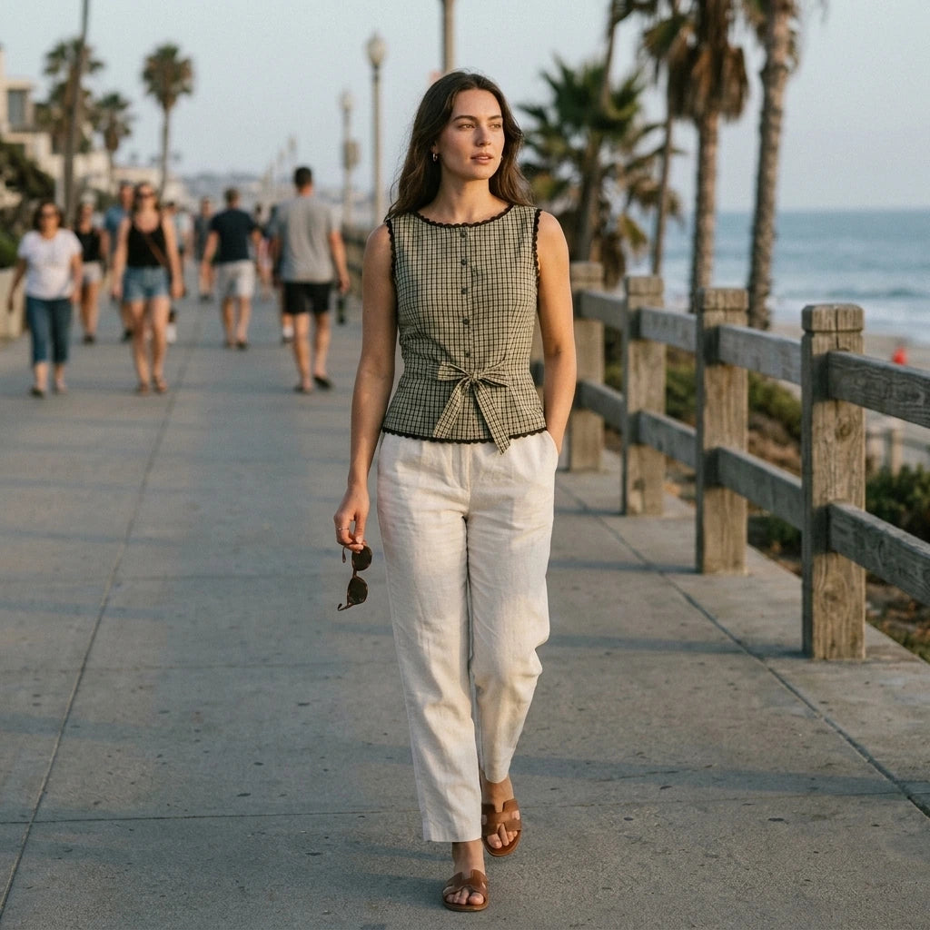 Natural lifestyle image of a model wearing apricot-boat-neck-plaid-tank-top