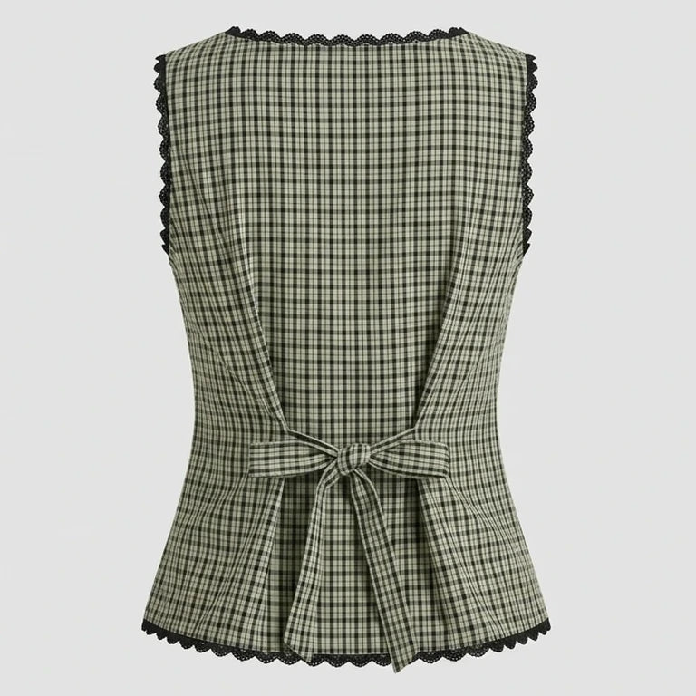 Back product-only image of apricot-boat-neck-plaid-tank-top