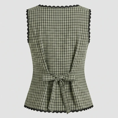 Back product-only image of apricot-boat-neck-plaid-tank-top