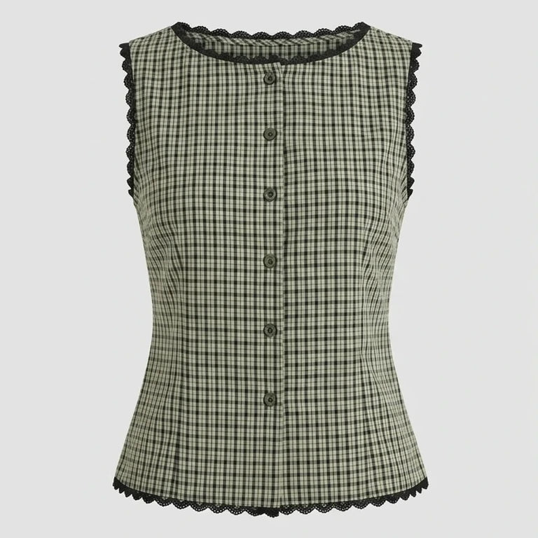 Front product-only image of apricot-boat-neck-plaid-tank-top