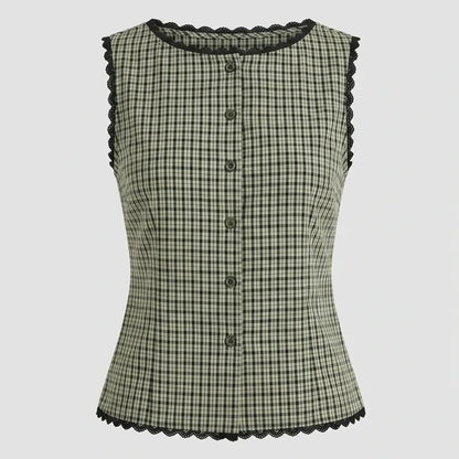 Front product-only image of apricot-boat-neck-plaid-tank-top