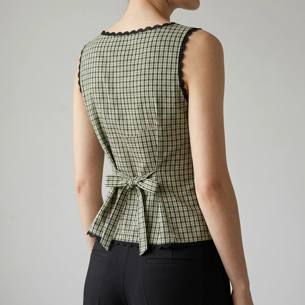 Model wearing apricot-boat-neck-plaid-tank-top with close focus on the product