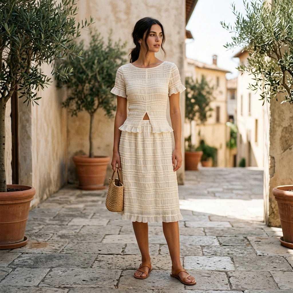 Third natural lifestyle image of a model wearing Apricot Boat Neck Shirred Tee