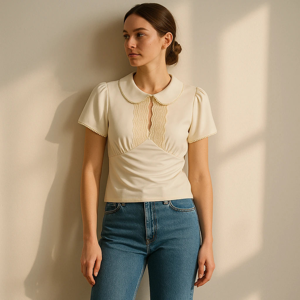 Natural lifestyle image of a model wearing Apricot Ruched Splicing Tee Top Short Sleeve Puffed Polyester Summer