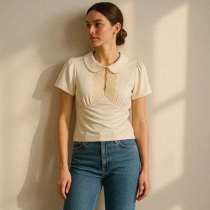 Natural lifestyle image of a model wearing Apricot Ruched Splicing Tee Top Short Sleeve Puffed Polyester Summer