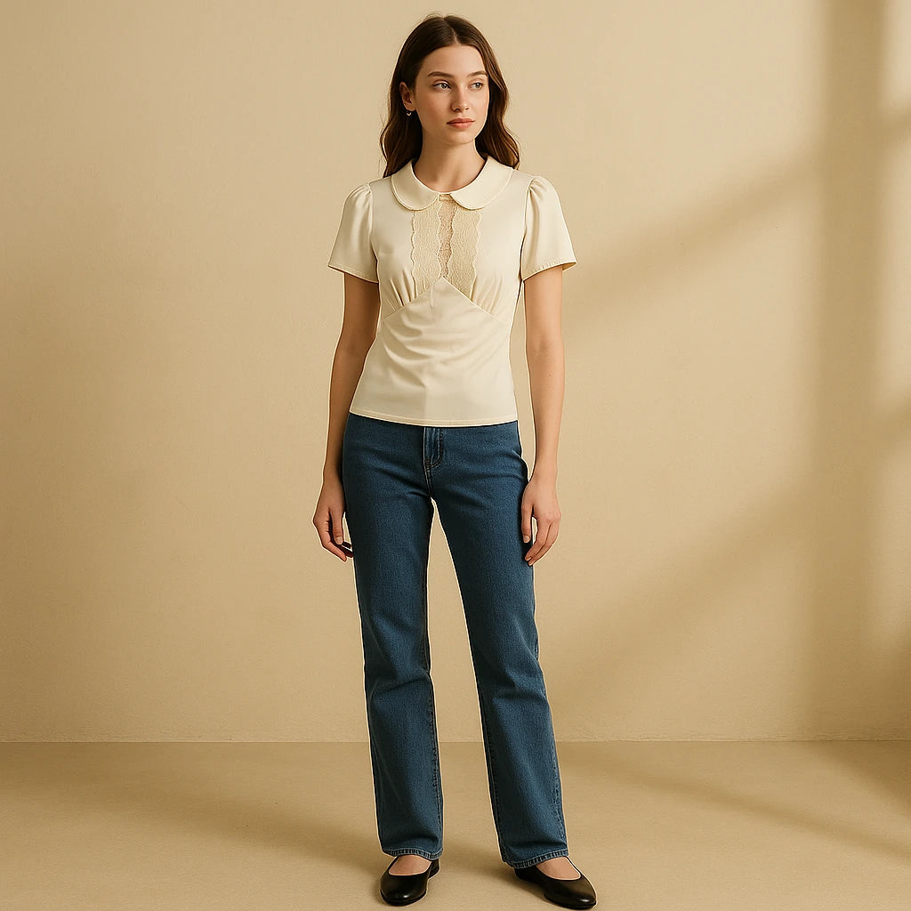Second natural lifestyle image of a model wearing Apricot Ruched Splicing Tee Top Short Sleeve Puffed Polyester Summer