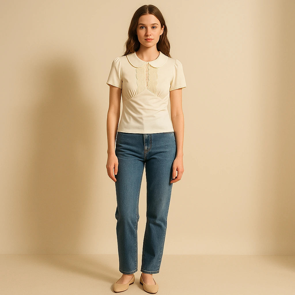 Third natural lifestyle image of a model wearing Apricot Ruched Splicing Tee Top Short Sleeve Puffed Polyester Summer