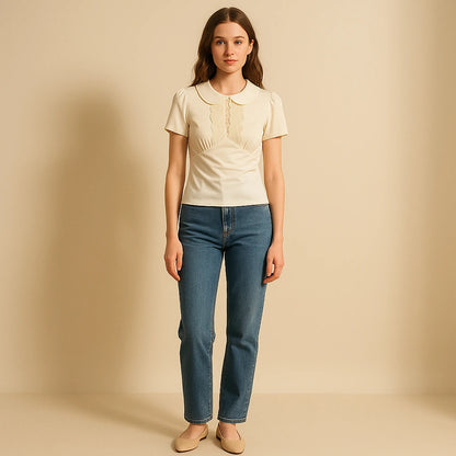 Third natural lifestyle image of a model wearing Apricot Ruched Splicing Tee Top Short Sleeve Puffed Polyester Summer