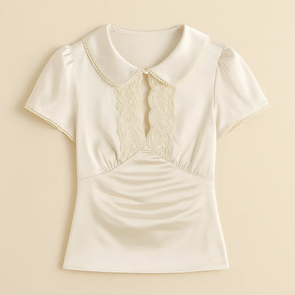 Isolated product image of Apricot Ruched Splicing Tee Top Short Sleeve Puffed Polyester Summer on simple background