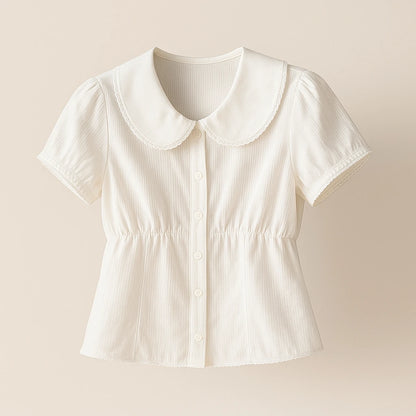 Isolated product image of Apricot Ruched Splicing Tee Top Short Sleeve Puffed Polyester Summer, three-quarter angle view