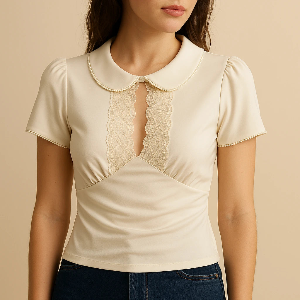 Model wearing Apricot Ruched Splicing Tee Top Short Sleeve Puffed Polyester Summer with close focus on the product