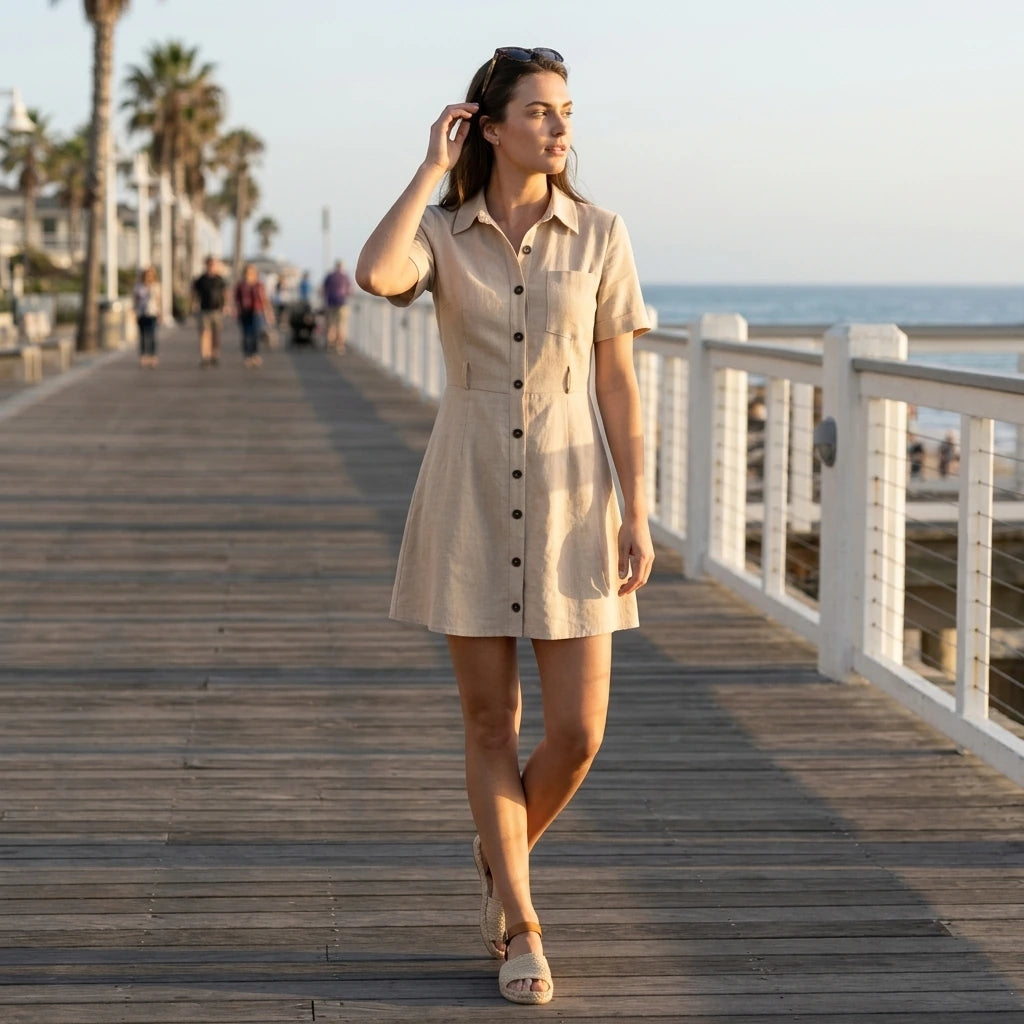 Natural lifestyle image of a model wearing Apricot Collared Button Mini Dress