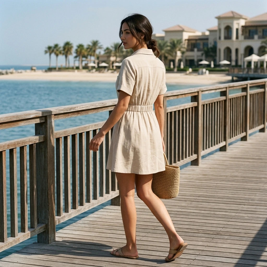 Second natural lifestyle image of a model wearing Apricot Collared Button Mini Dress