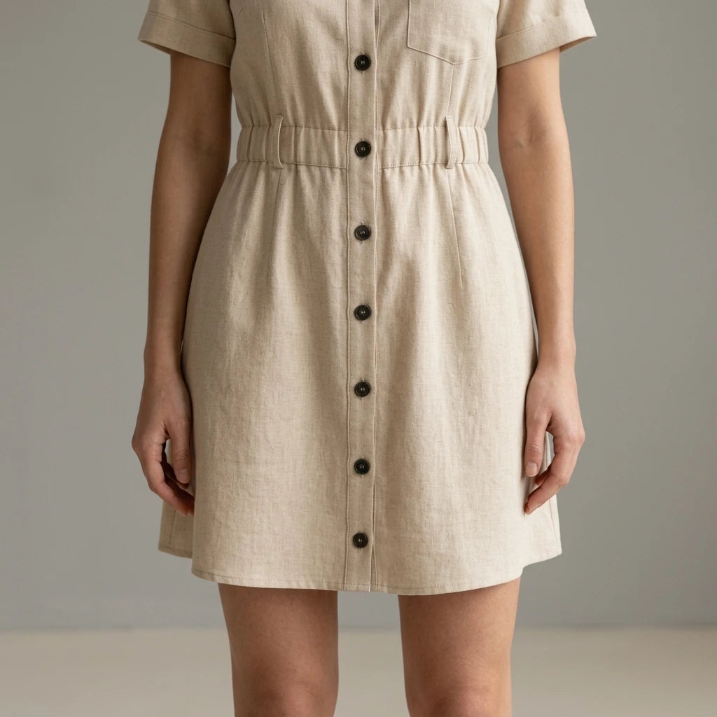 Model wearing Apricot Collared Button Mini Dress with close focus on the product