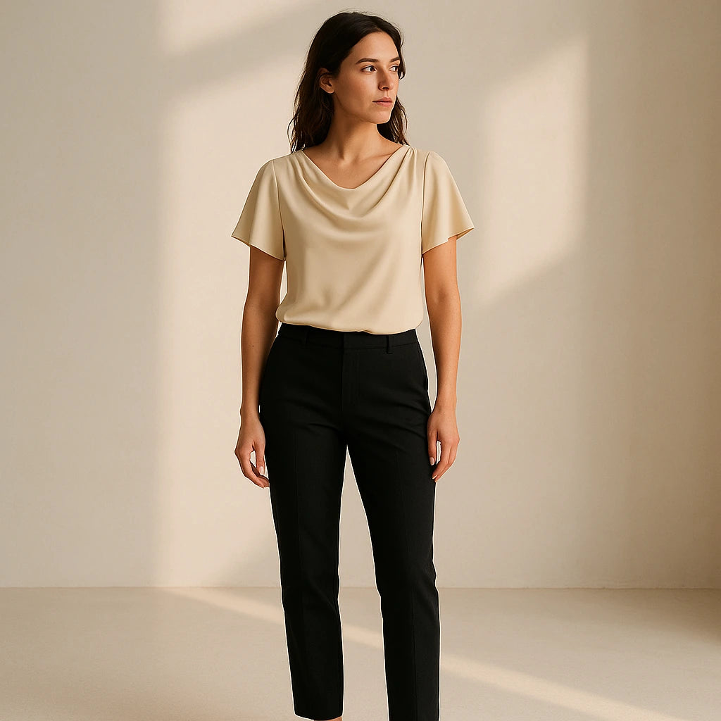 Natural lifestyle image of a model wearing Apricot Cowl Neck Short Sleeve Tee Top Workwear Summer